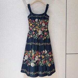 Agua by Agua Bendita Navy Floral Midi Dress Fit and Flare Garden Dress